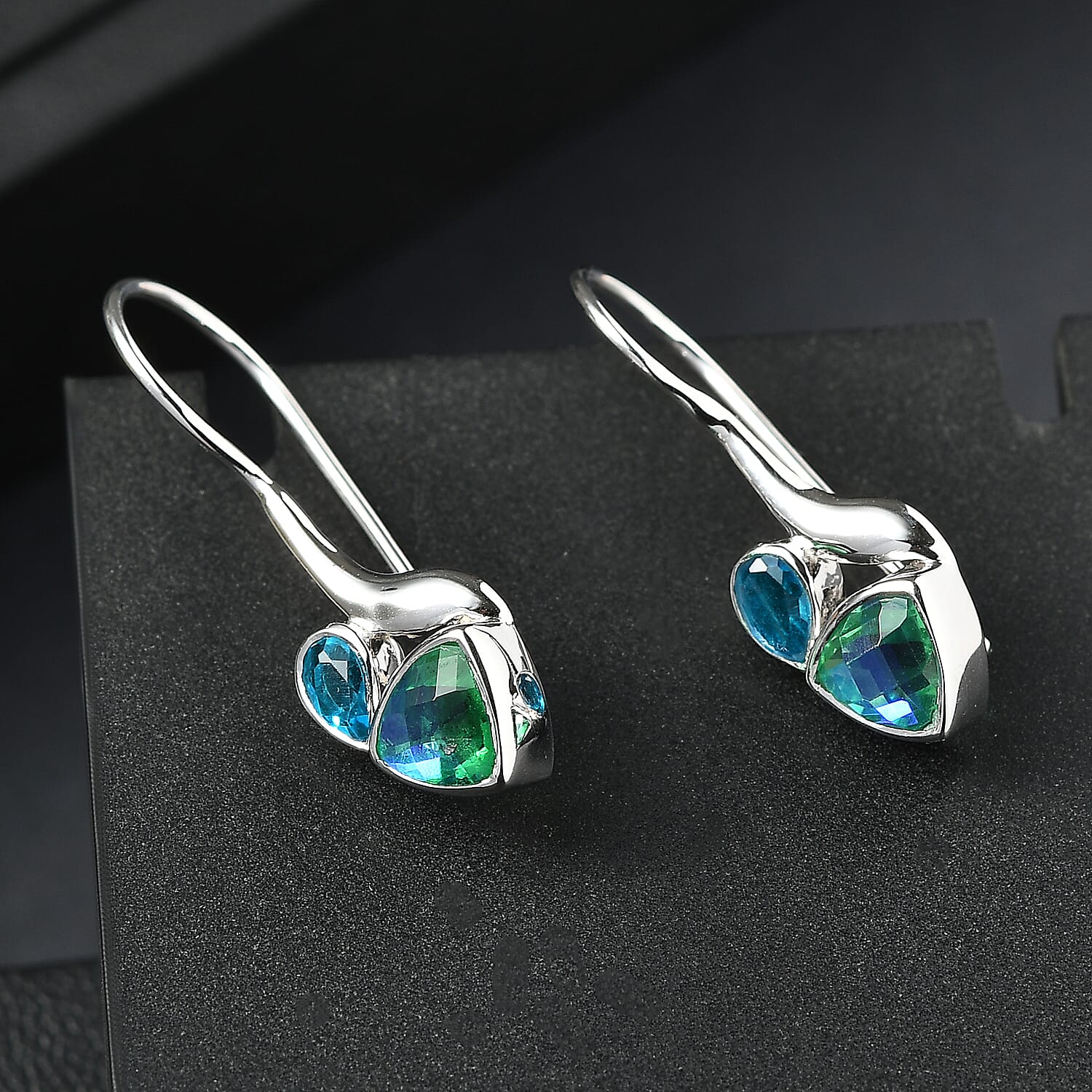 Sajen Silver Celestial Swiss Blue Mystic Quartz & Peacock Triplet Quartz Earring in Rhodium Overlay Sterling Silver 2.40 Ct.