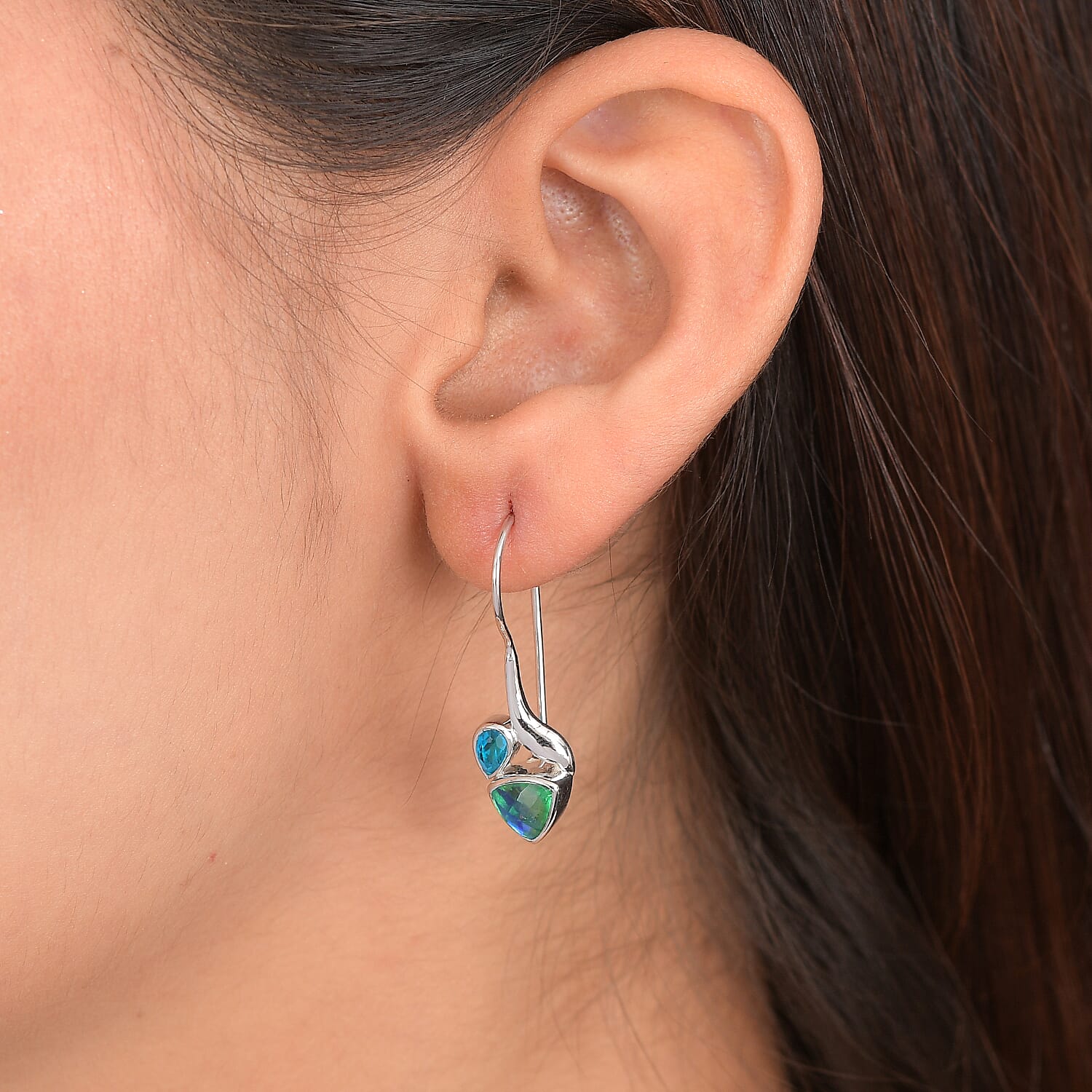 Sajen Silver Celestial Swiss Blue Mystic Quartz & Peacock Triplet Quartz Earring in Rhodium Overlay Sterling Silver 2.40 Ct.