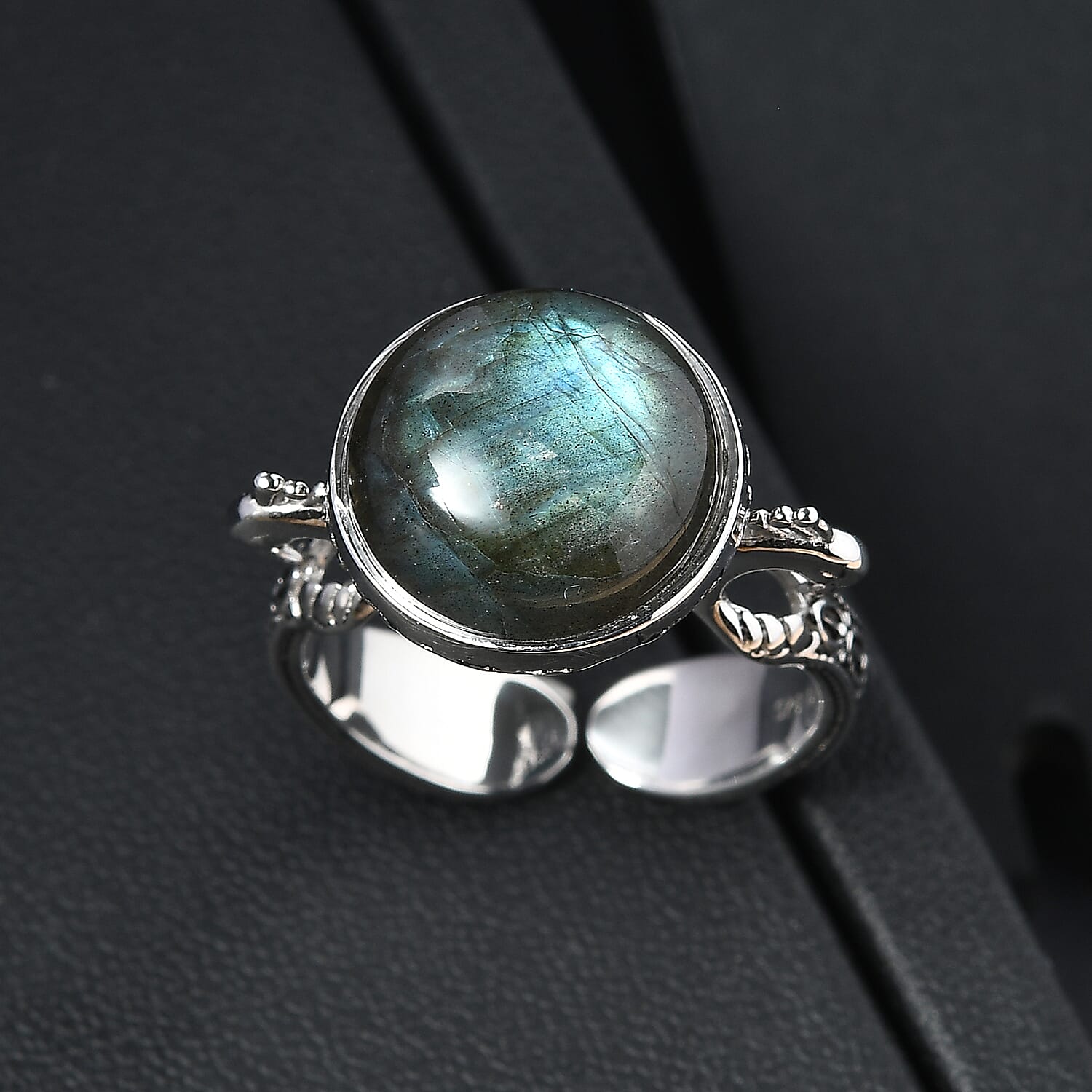 Sajen Silver Labradorite Adjustable Ring in Rhodium Overlay Sterling Silver 5.47 Ct