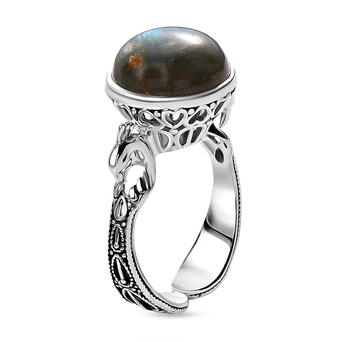 Sajen Silver Labradorite Adjustable Ring in Rhodium Overlay Sterling Silver 5.47 Ct