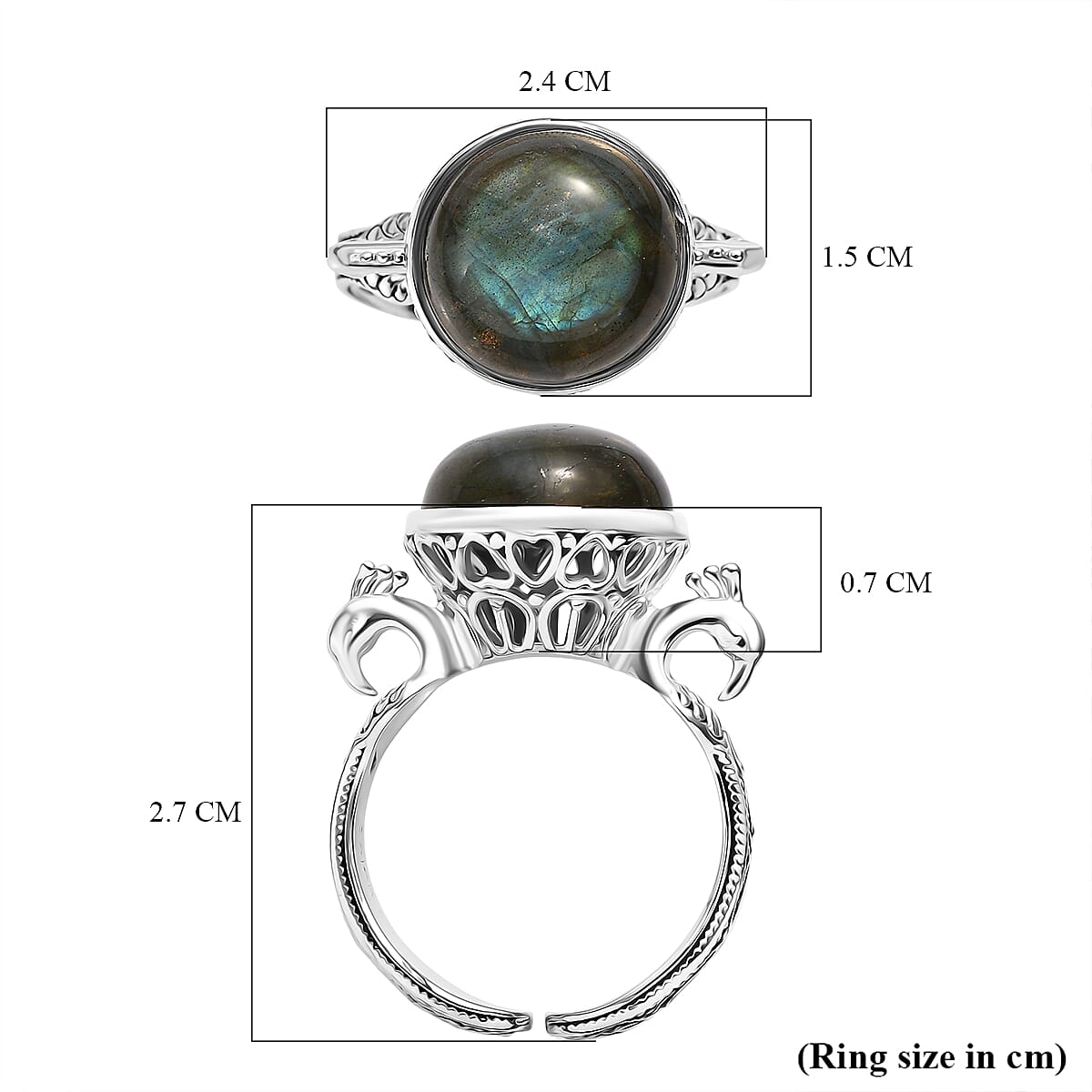 Sajen Silver Labradorite Adjustable Ring in Rhodium Overlay Sterling Silver 5.47 Ct