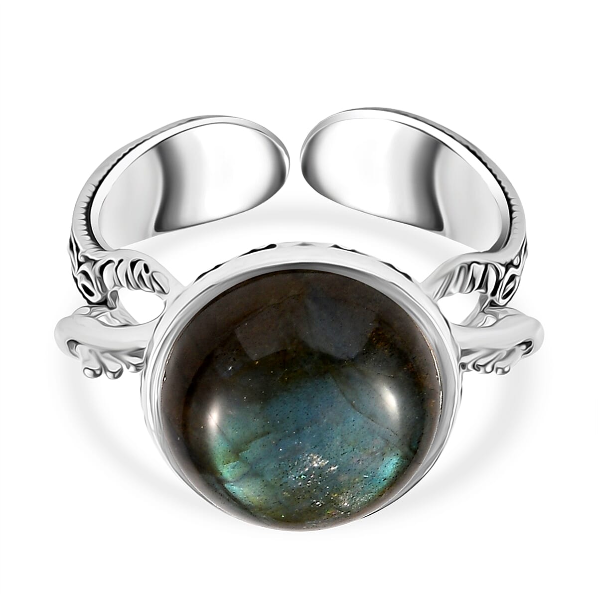 Sajen Silver Labradorite Adjustable Solitaire Ring in Rhodium Overlay Sterling Silver 5.47 Ct.