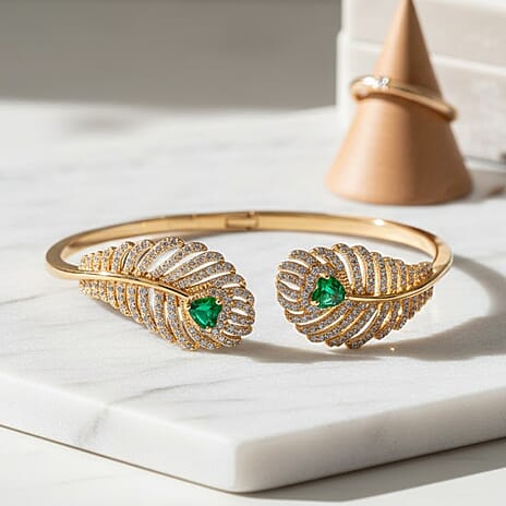Designer Inspired- Emerald Colour & White Cubic Zirconia Peacock Feather Cuff Bangle (Size -7.5)