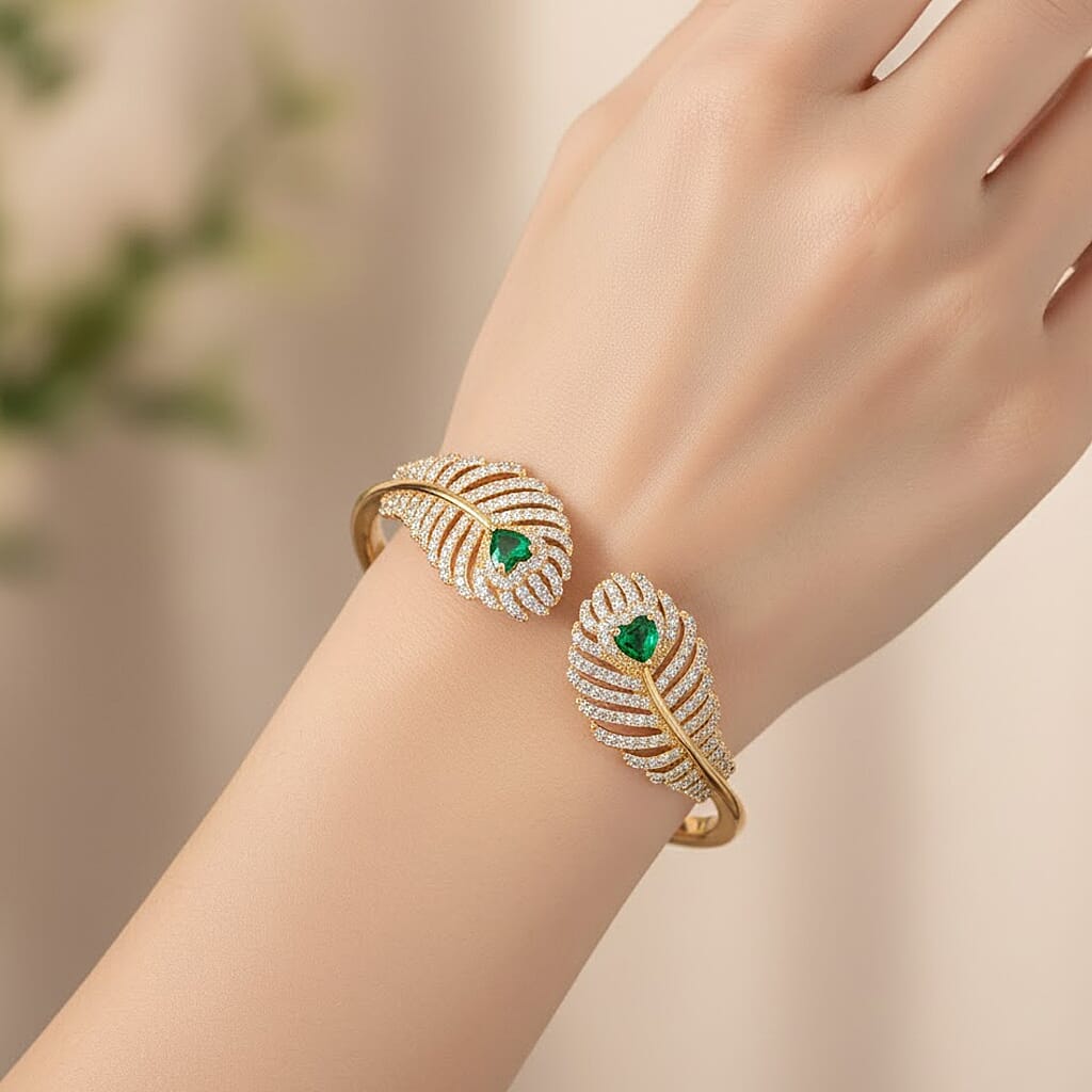 Green Cubic Zirconia, White Cubic Zirconia Cuff Bangle Pure Yellow Brass  1.900  Ct.