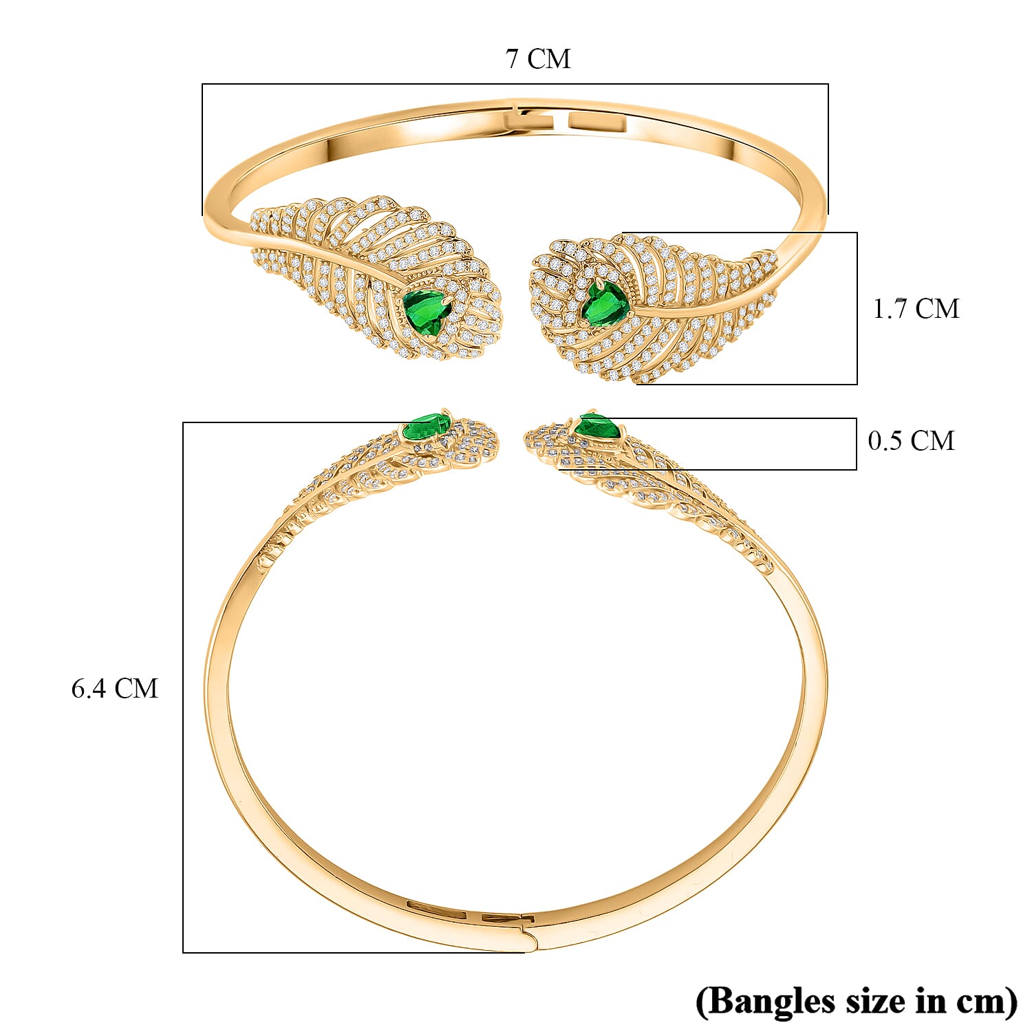 Green Cubic Zirconia, White Cubic Zirconia Cuff Bangle Pure Yellow Brass  1.900  Ct.