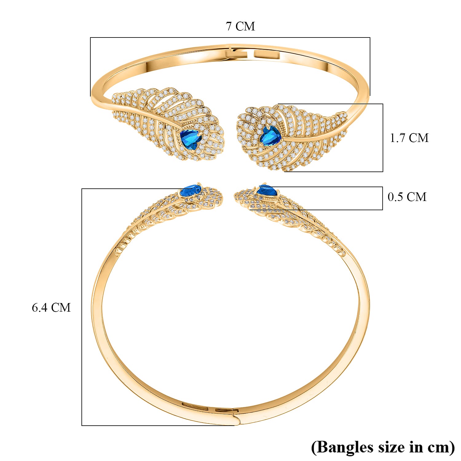 Blue Cubic Zirconia, White Cubic Zirconia Cuff Bangle Pure Yellow Brass  1.900  Ct.