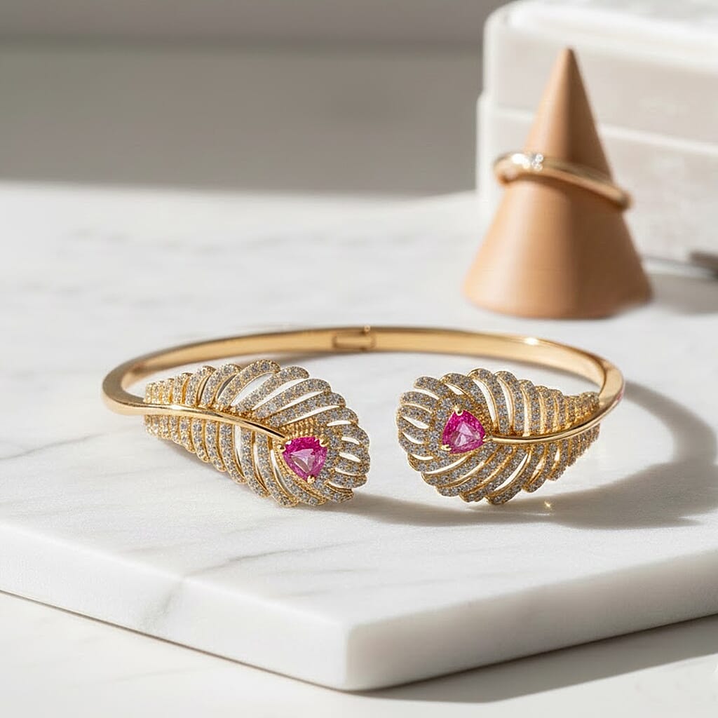 Red Cubic Zirconia, White Cubic Zirconia Cuff Bangle Pure Yellow Brass  1.900  Ct.