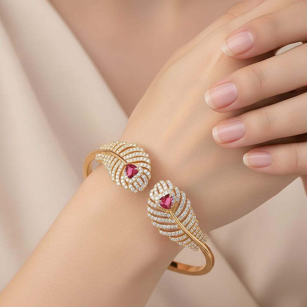 Red Cubic Zirconia, White Cubic Zirconia Cuff Bangle Pure Yellow Brass  1.900  Ct.