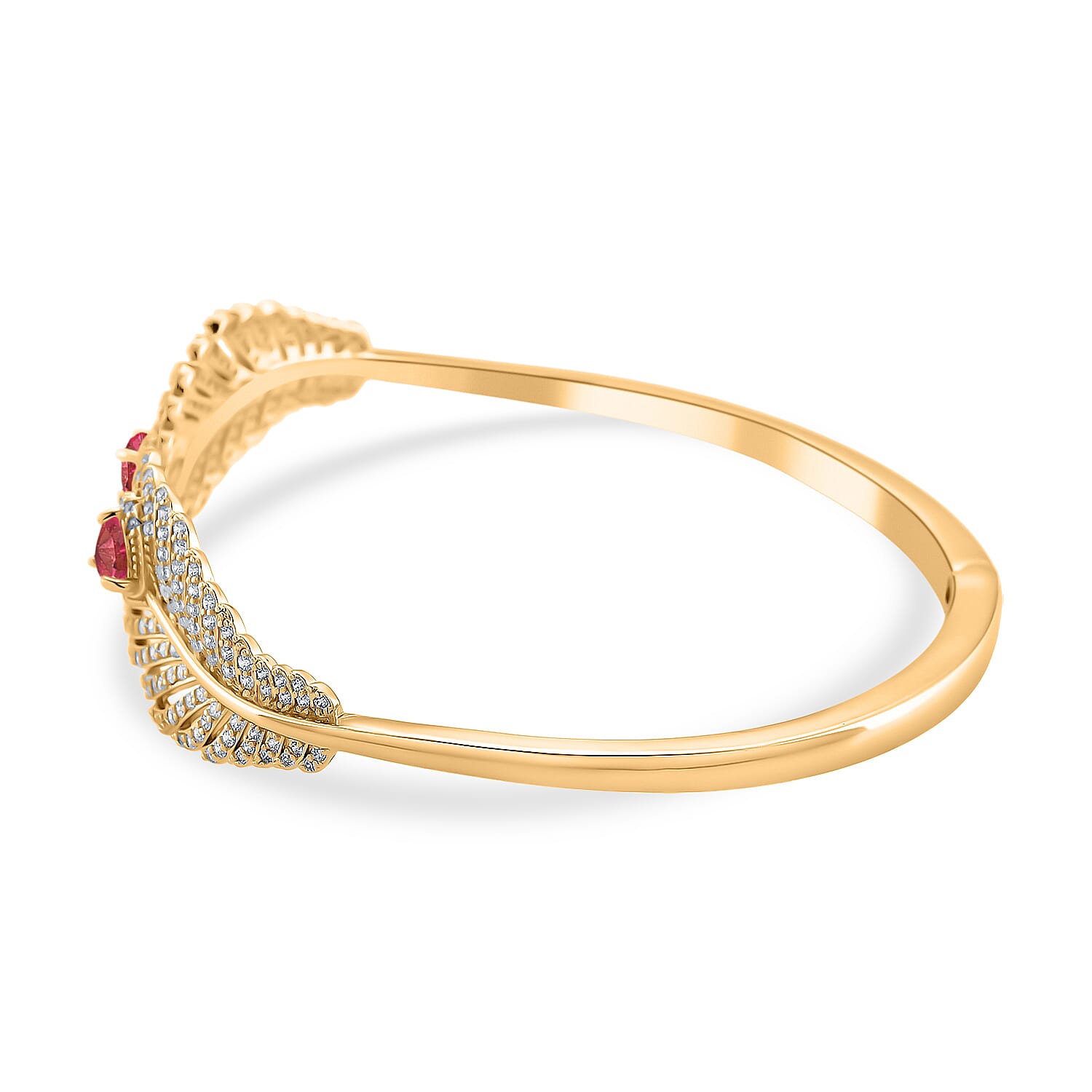 Red Cubic Zirconia, White Cubic Zirconia Cuff Bangle Pure Yellow Brass  1.900  Ct.