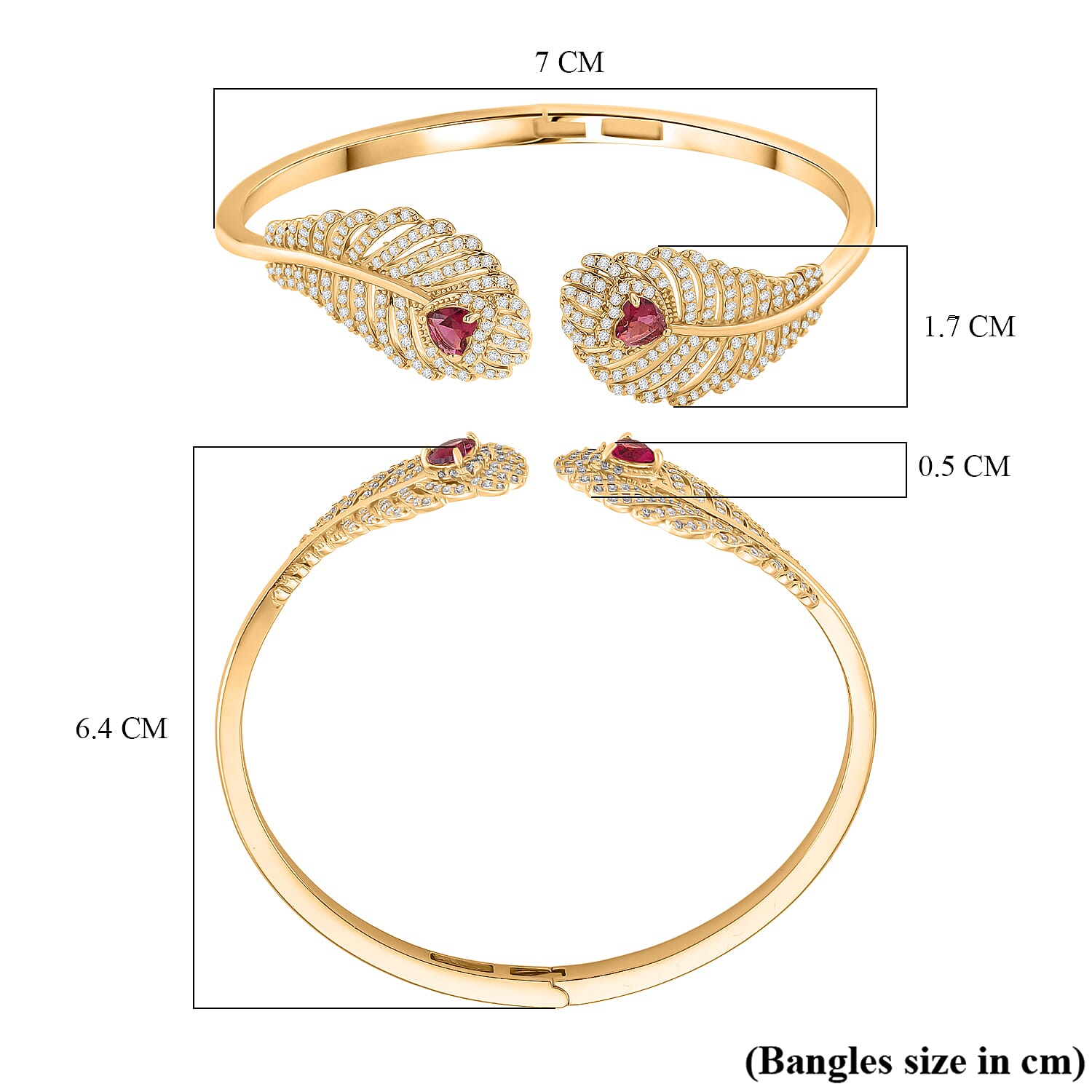 Red Cubic Zirconia, White Cubic Zirconia Cuff Bangle Pure Yellow Brass  1.900  Ct.