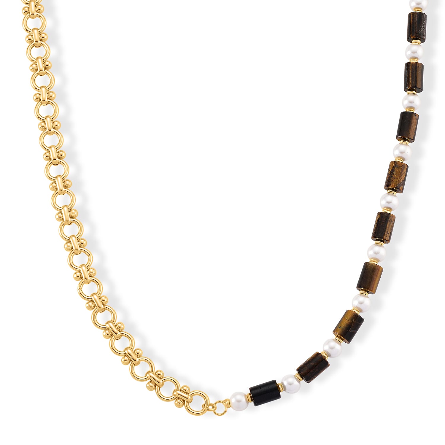 Tigers Eye & White Shell Pearl Beads Necklace (Size - 20) 140.00 Ct.
