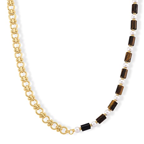 Tigers Eye & White Shell Pearl Beads Necklace (Size - 20) 140.00 Ct.