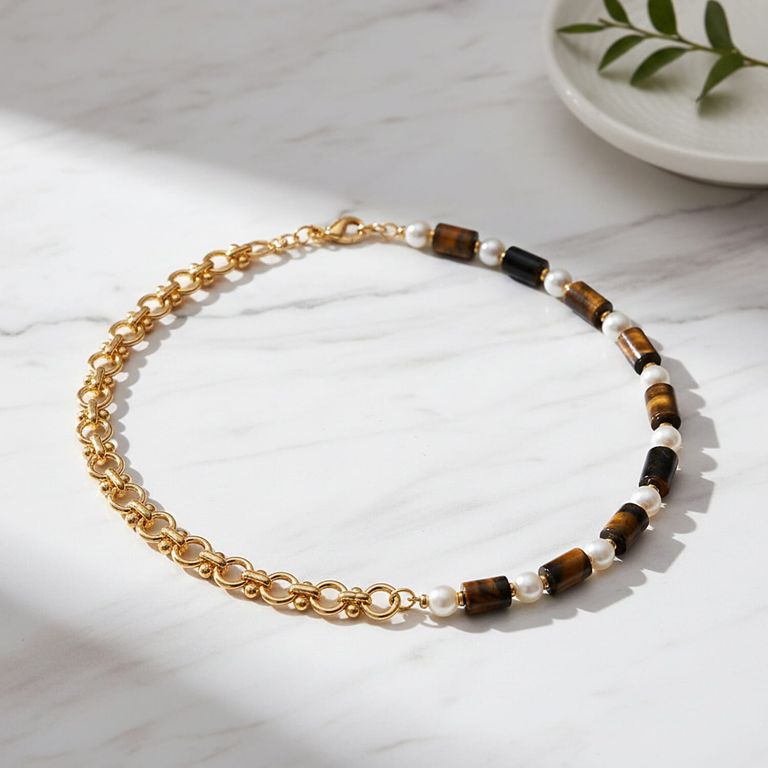 Tigers Eye & White Shell Pearl Beads Necklace (Size - 20) 140.00 Ct.