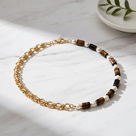 Tigers Eye & White Shell Pearl Beads Necklace (Size - 20) 140.00 Ct.