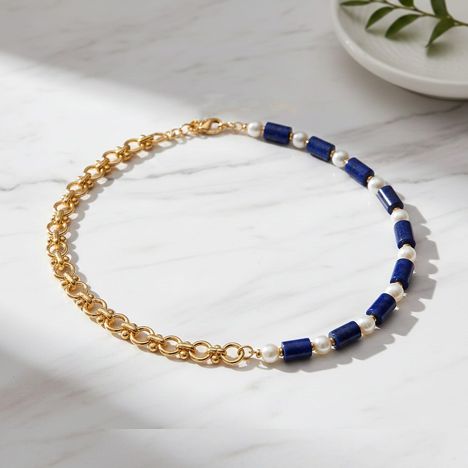 Lapis Lazuli & White Shell Pearl Beads Necklace (Size - 20) 140.00 Ct.