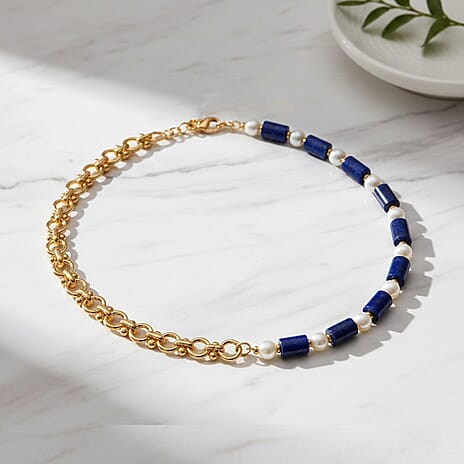 Lapis Lazuli & White Shell Pearl Beads Necklace (Size - 20) 140.00 Ct.