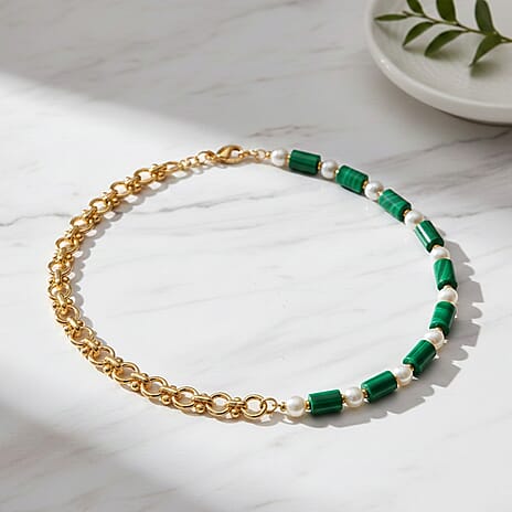 Synthetic Malachite & White Shell Pearl Beads Necklace (Size - 20) 140.00 Ct.