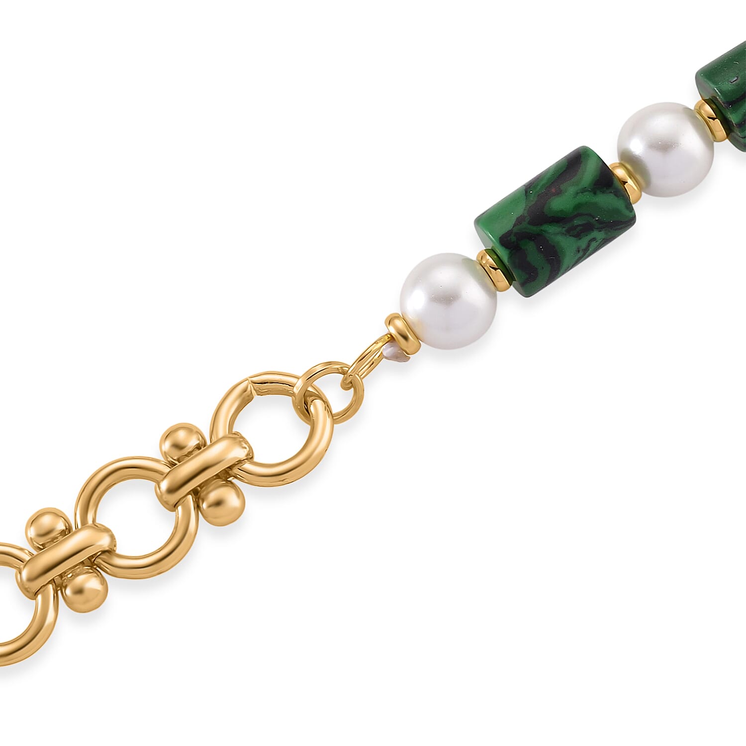 Synthetic Malachite & White Shell Pearl Beads Necklace (Size - 20) 140.00 Ct.