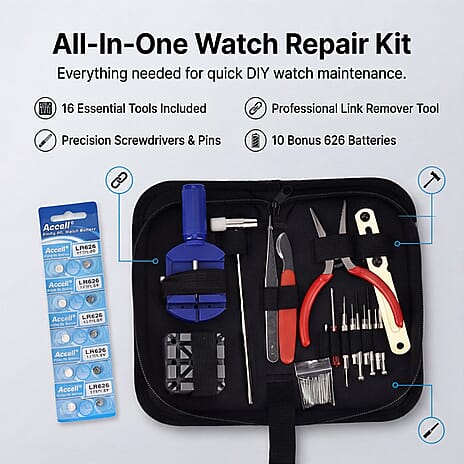 Majesty DIY Watch Repair Tool Kit - Professional Link Remover, Case Opener - Screwdriver Set with 10 Bonus, 626 Batteries and Spare Pins - Black