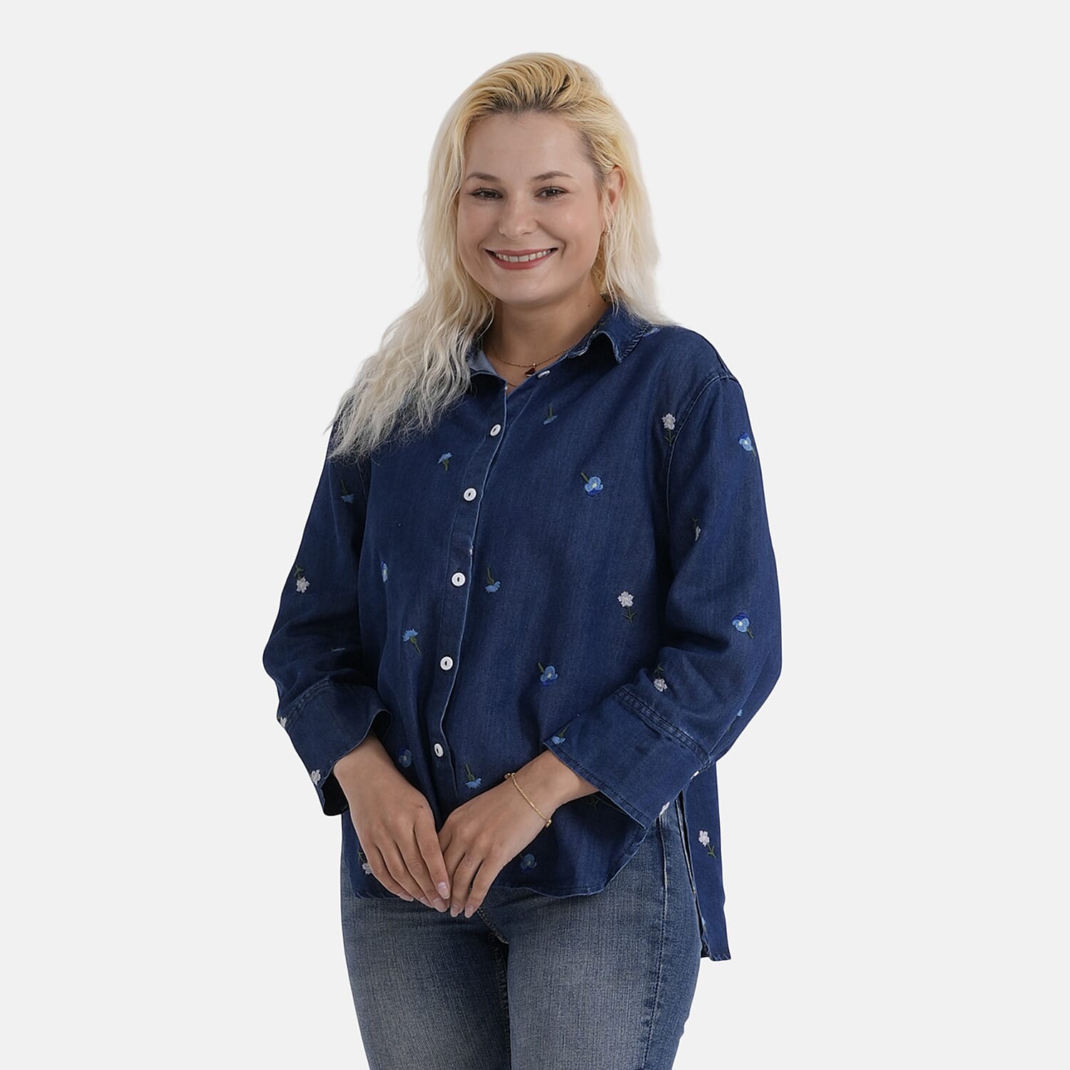 La Marey Limited Collection Womens Embroidered Denim Shirt (Size 8 to 10) - Dark Denim