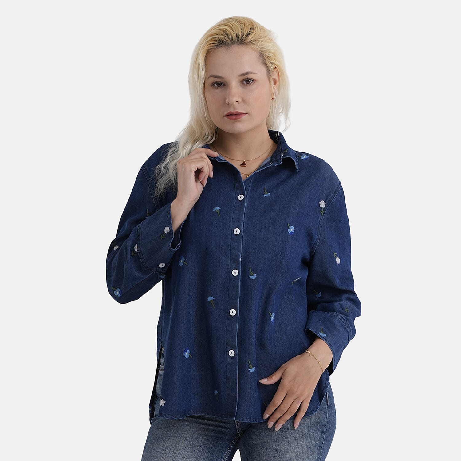 La Marey Limited Collection Womens Embroidered Denim Shirt (Size 8 to 10) - Dark Denim