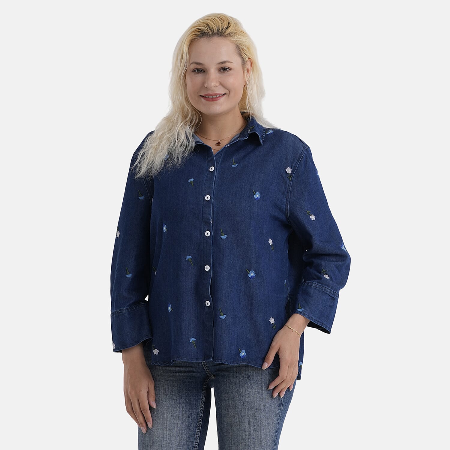 La Marey Limited Collection Womens Embroidered Denim Shirt (Size 8 to 10) - Dark Denim