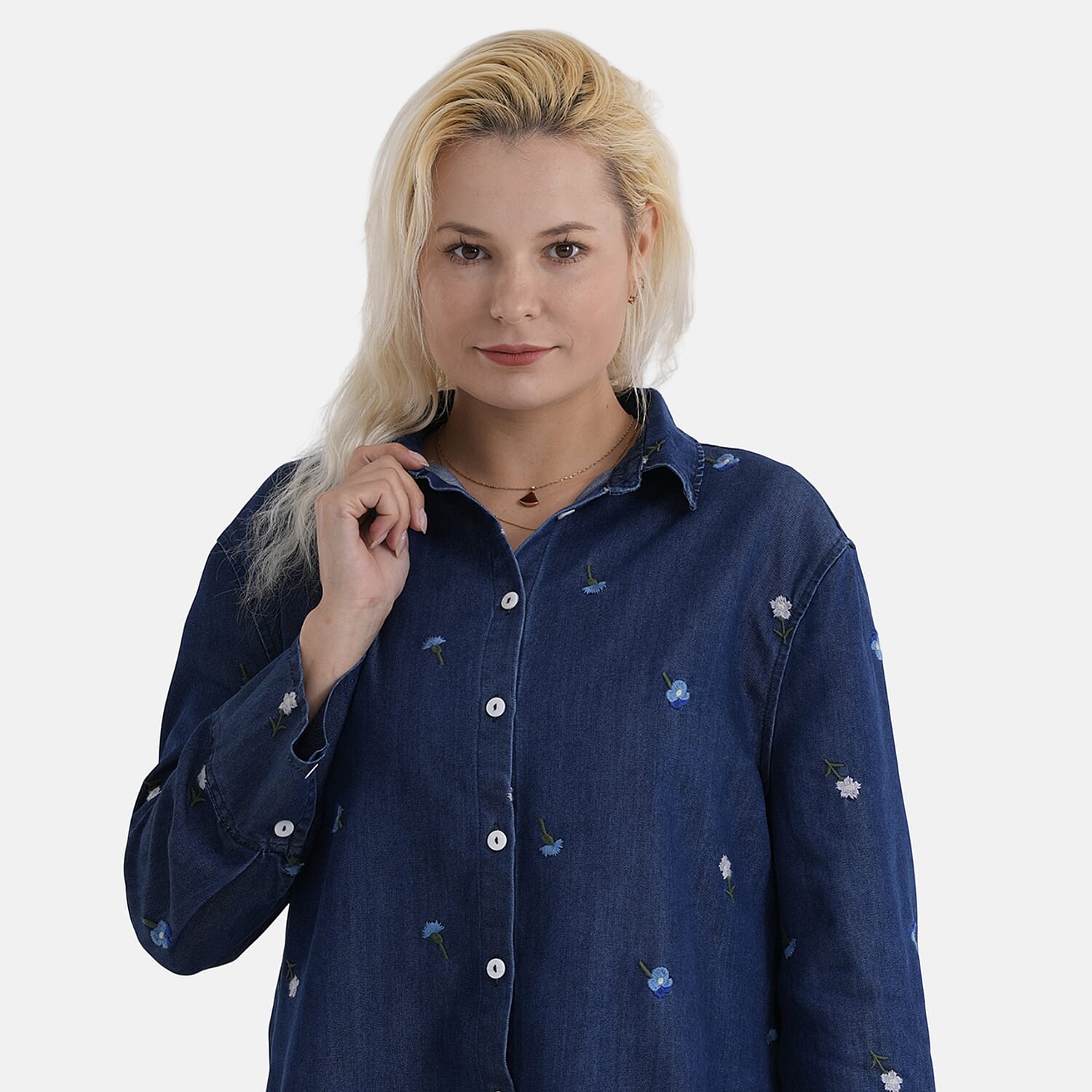 La Marey Limited Collection Womens Embroidered Denim Shirt (Size 8 to 10) - Dark Denim