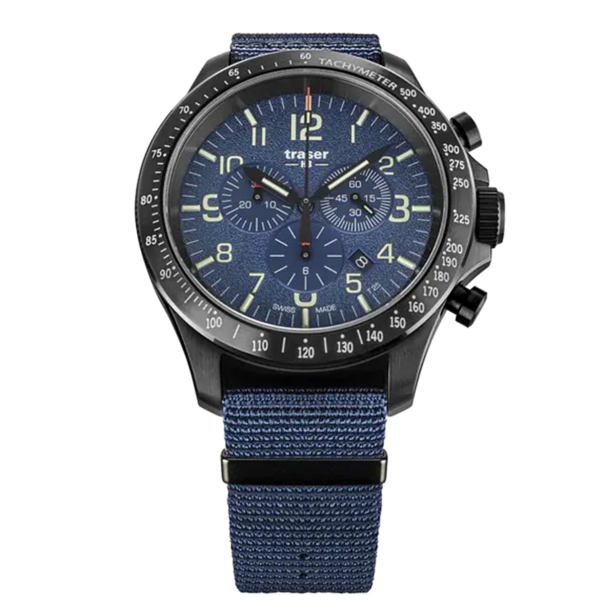 TRASER P67 Officer Chrono Swiss Made Quartz 10ATM WR Blue Dial - Black Case Mens Watch with Blue NATO Fabric Strap