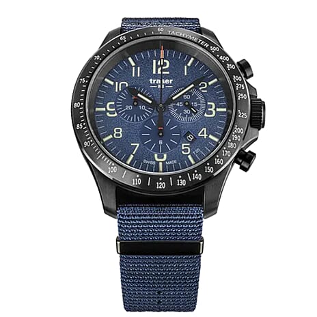 TRASER P67 Officer Chrono Swiss Made Quartz 10ATM WR Blue Dial - Black Case Mens Watch with Blue NATO Fabric Strap