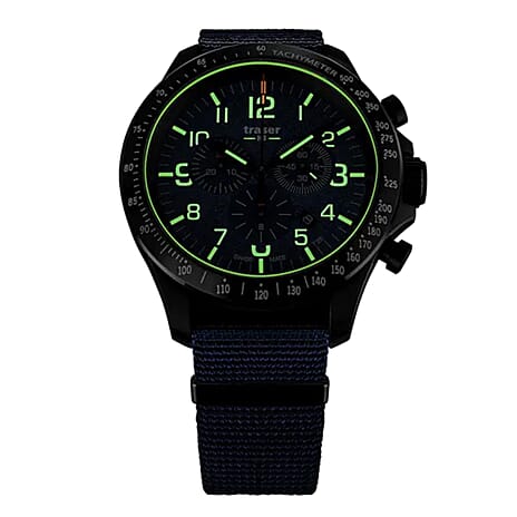 TRASER P67 Officer Chrono Swiss Made Quartz 10ATM WR Blue Dial - Black Case Mens Watch with Blue NATO Fabric Strap