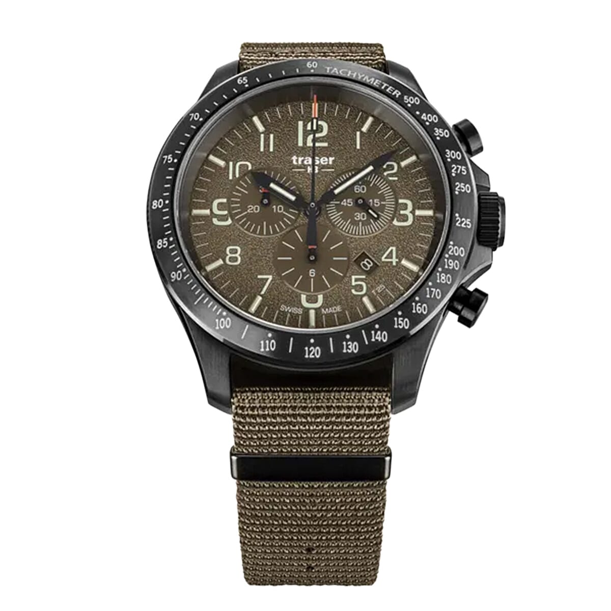 TRASER P67 Officer Chrono Swiss Made Quartz 10ATM WR Khaki Dial - Black Case Mens Watch with Khaki NATO Fabric Strap