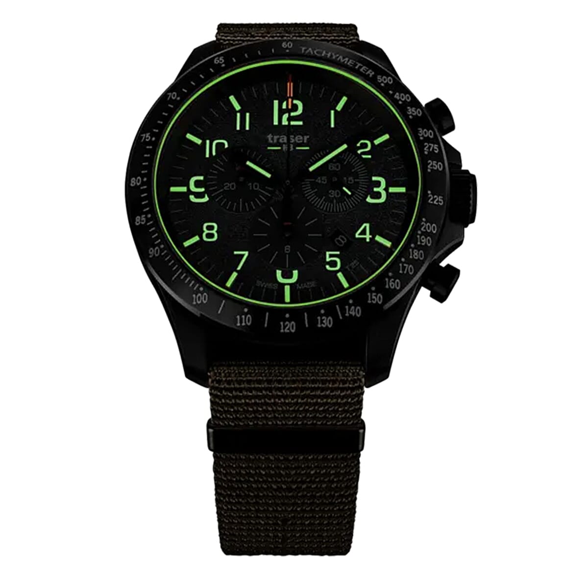 TRASER P67 Officer Chrono Swiss Made Quartz 10ATM WR Khaki Dial - Black Case Mens Watch with Khaki NATO Fabric Strap