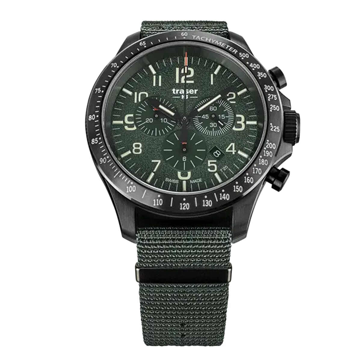TRASER P67 Officer Chrono Swiss Made Quartz 10ATM WR Green Dial - Black Case Mens Watch with Green NATO Fabric Strap