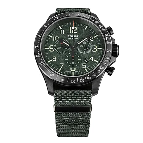 TRASER P67 Officer Chrono Swiss Made Quartz 10ATM WR Green Dial - Black Case Mens Watch with Green NATO Fabric Strap