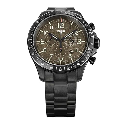 TRASER P67 Officer Chrono Swiss Made Quartz 10ATM WR Khaki Dial - Black Case Mens Watch with Khaki Stainless Steel Strap
