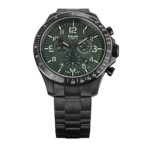 TRASER P67 Officer Chrono Swiss Made Quartz 10ATM WR Green Dial - Black Case Mens Watch with Green Stainless Steel Strap