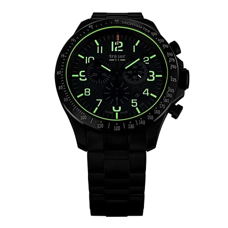 TRASER P67 Officer Chrono Swiss Made Quartz 10ATM WR Green Dial - Black Case Mens Watch with Green Stainless Steel Strap