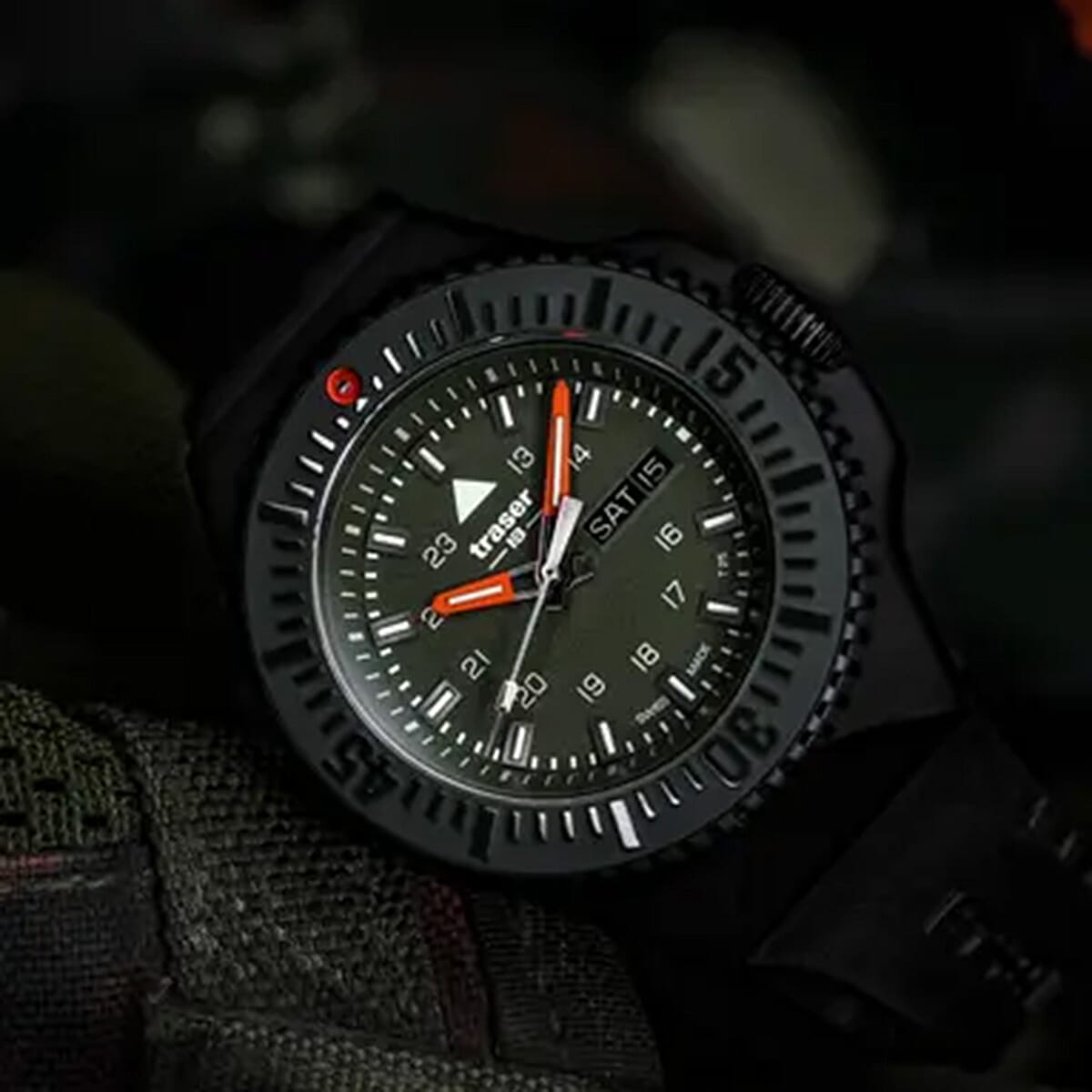 BRAND NEW --TRASER P69 Black Stealth Swiss Made Quartz 20ATM WR Green Dial - Black Case Mens Watch with Black Silicone Strap