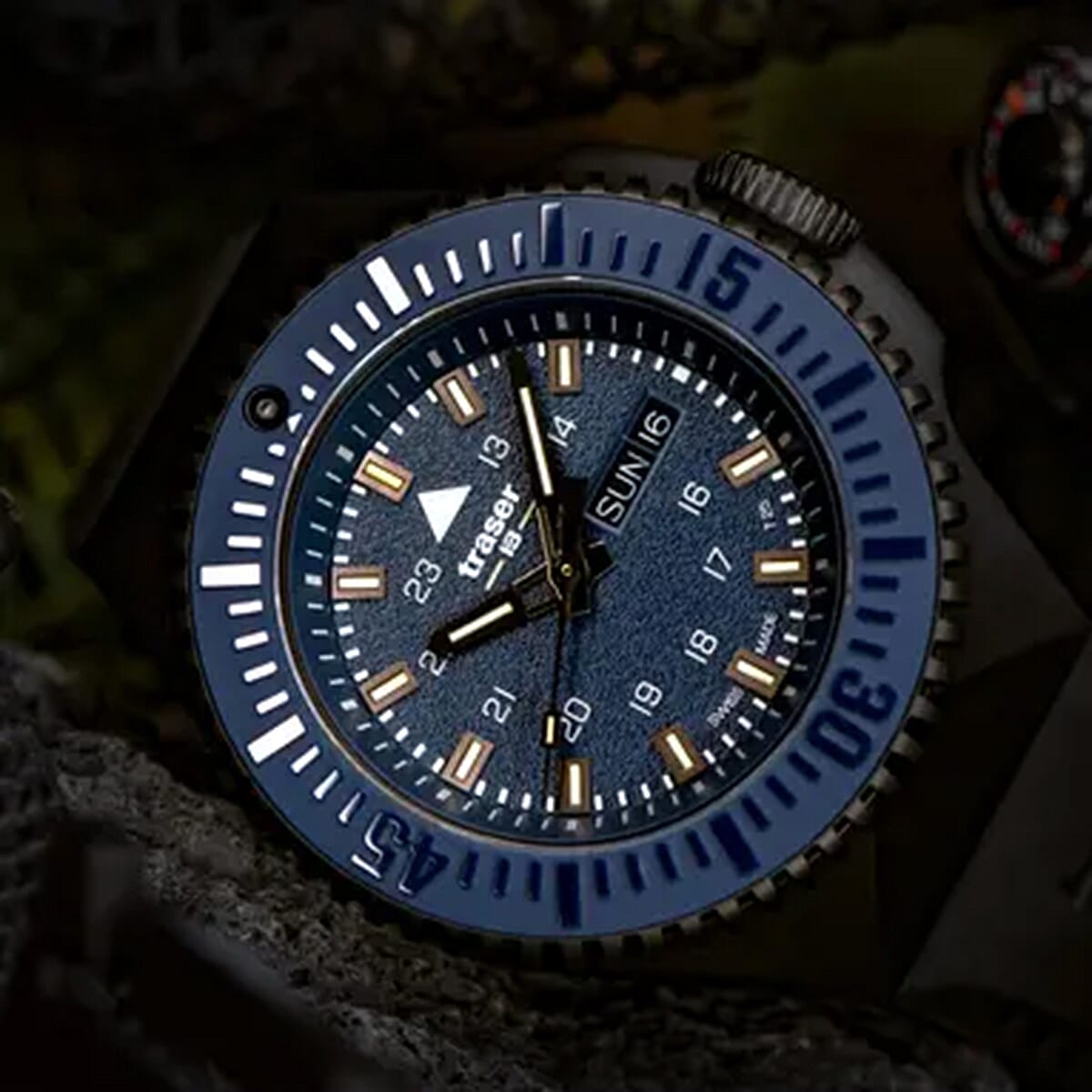 BRAND NEW -TRASER P69 Black Stealth Swiss Made Quartz 20ATM WR Blue Dial - Black Case Mens Watch with Black Silicone Strap