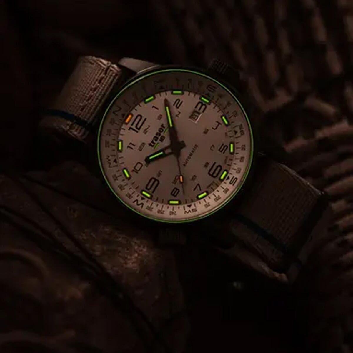 TRASER P68 Pathfinder Automatic Swiss Made Automatic 20ATM WR Beige Dial - Black Case Mens Watch with Beige NATO Fabric Strap