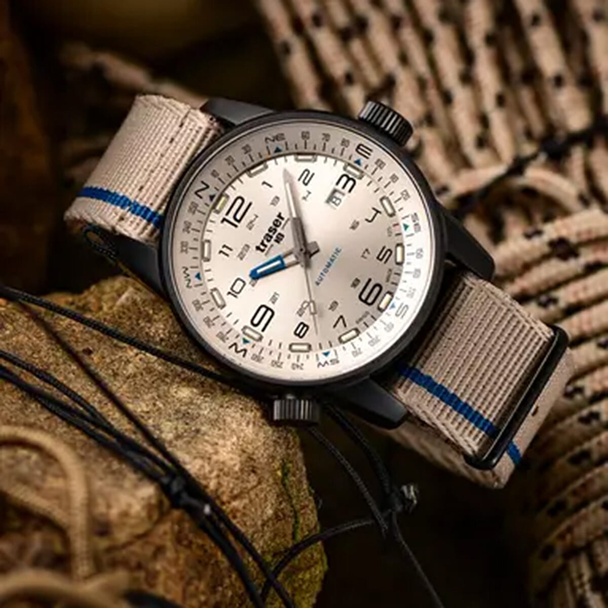 TRASER P68 Pathfinder Automatic Swiss Made Automatic 20ATM WR Beige Dial - Black Case Mens Watch with Beige NATO Fabric Strap