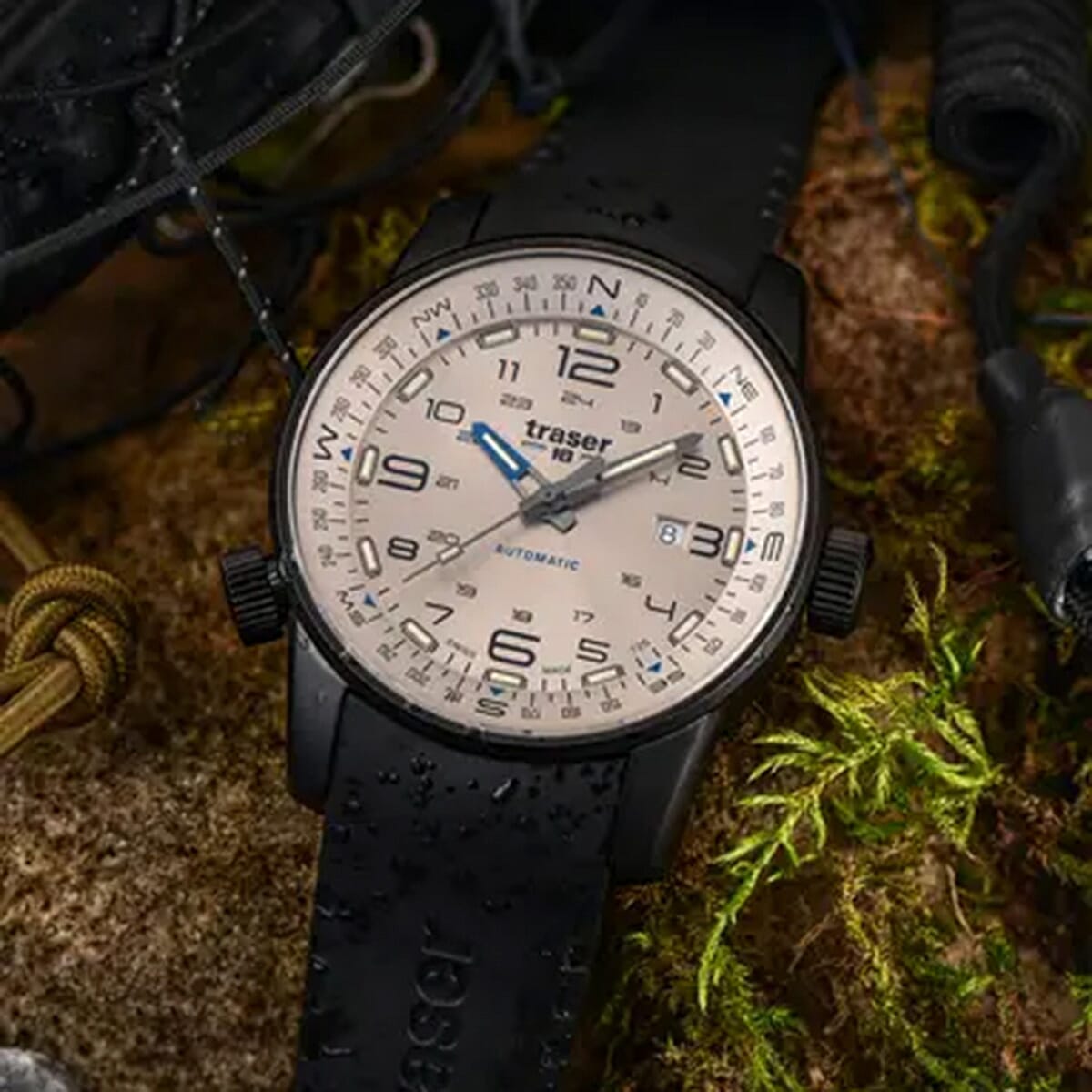 TRASER P68 Pathfinder Automatic Swiss Made Automatic 20ATM WR Beige Dial - Black Case Mens Watch with Black Rubber Strap