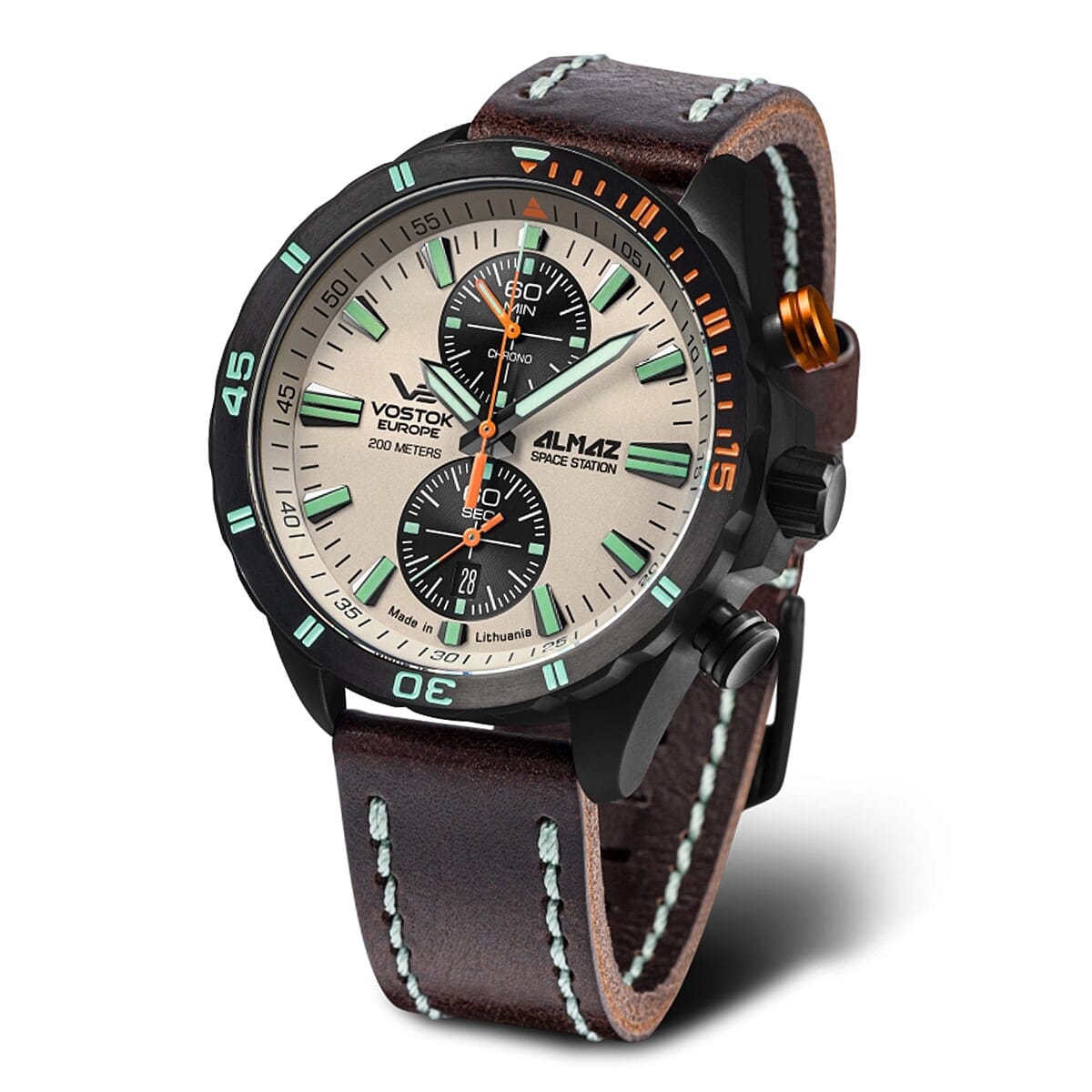 BLACK FRIDAY DEAL - VOSTOK EUROPE Almaz Japanese Miyota 6S11 Quartz Chrono Movt. 20ATM WR Sand Dial Mens Watch with Leather Strap