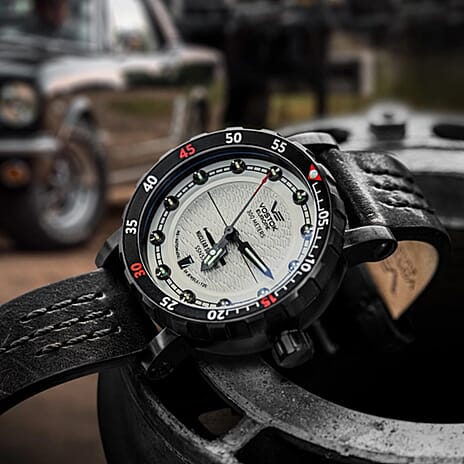 VOSTOK EUROPE Nuclear Submarine SSN571 TMI CK61 Mecha-Quartz 30ATM Stainless Steel Mens Grey Dial Watch with Black Leather Strap