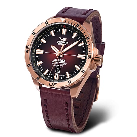VOSTOK EUROPE Almaz Automatic TMI NH35 Automatic 20ATM Rose Gold Stainless Steel Dial Mens Watch with Red Leather Strap