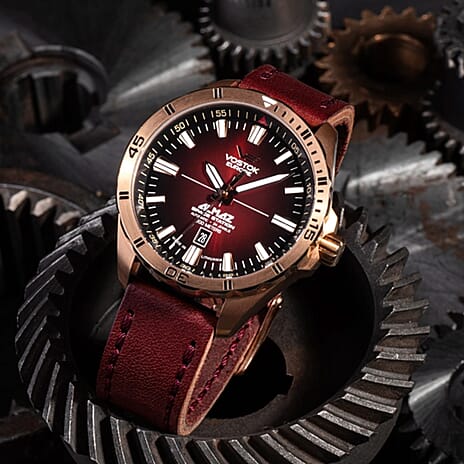 VOSTOK EUROPE Almaz Automatic TMI NH35 Automatic 20ATM Rose Gold Stainless Steel Dial Mens Watch with Red Leather Strap