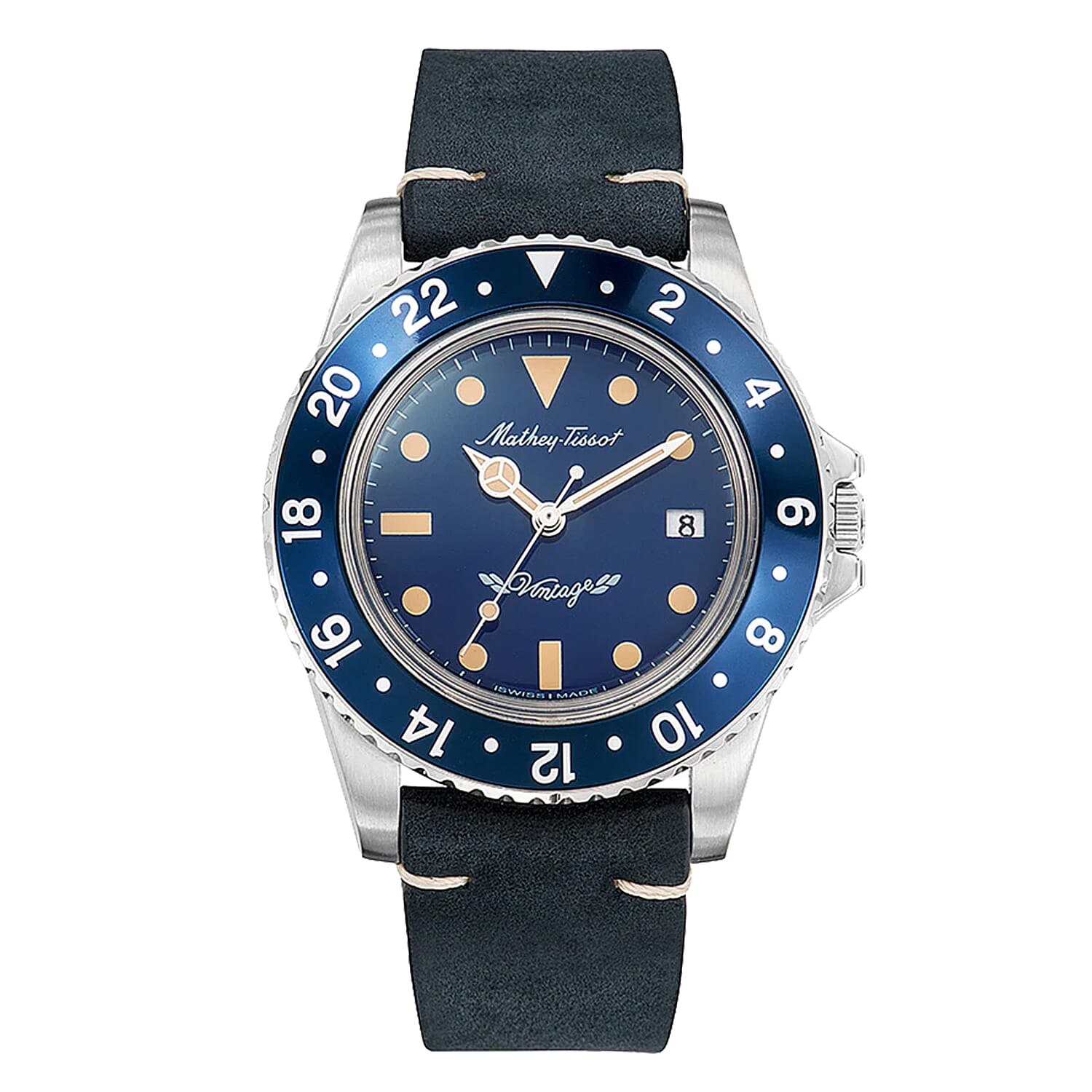 BLACK FRIDAY DEAL - MATHY TISSOT Mathy Vintage Quartz Ronda 505 Movt. 10ATM WR Blue Dial Mens Watch with a Leather Strap