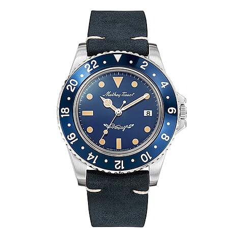 BLACK FRIDAY DEAL - MATHY TISSOT Mathy Vintage Quartz Ronda 505 Movt. 10ATM WR Blue Dial Mens Watch with a Leather Strap