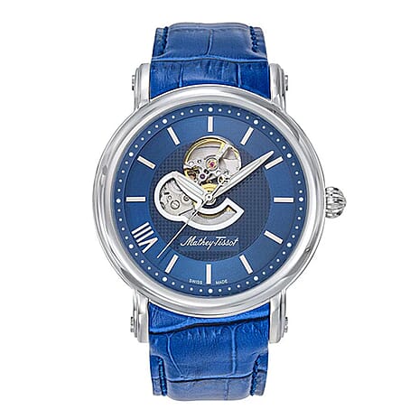 MATHEY TISSOT Skeleton Auto Automatic Landeron 24 5ATM WR Blue Dial - Silver Case Mens Watch with Blue Leather Strap