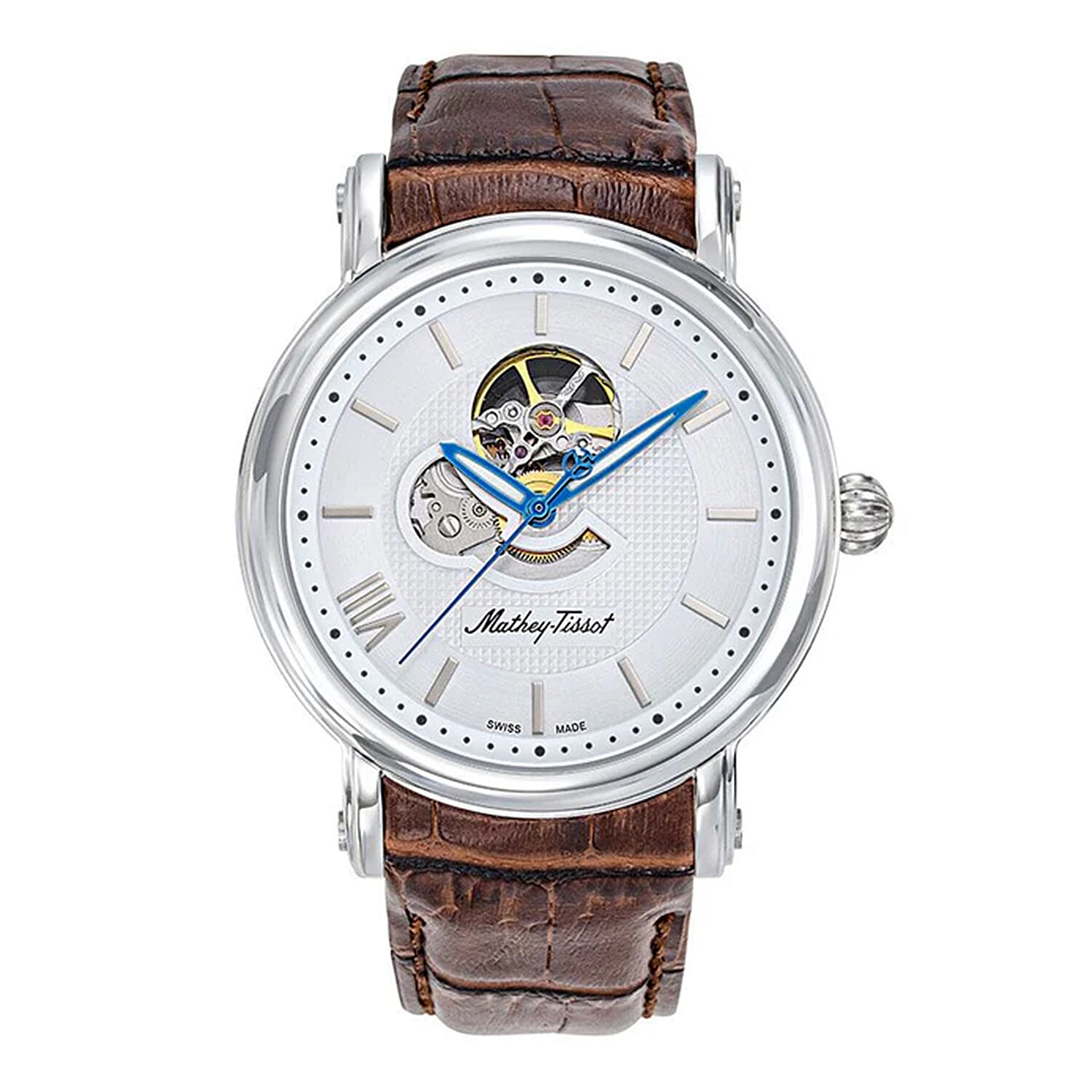 MATHEY TISSOT Skeleton Auto Automatic Landeron 24 5ATM WR Silver Dial - Silver Case Mens Watch with Brown Leather Strap